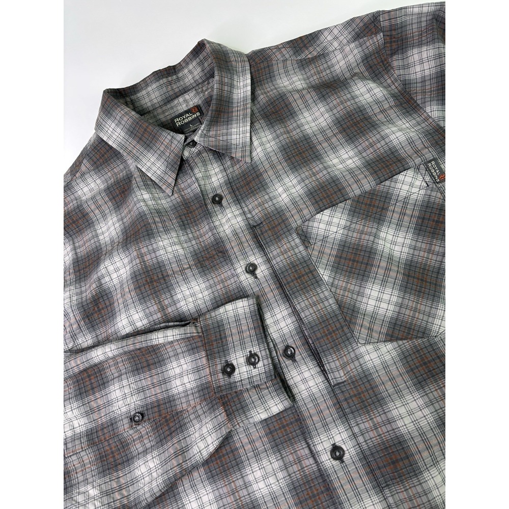 Royal Robbins Shirt Large Seersucker Long Sleeve Blue Plaid Button Down‎ Cotton